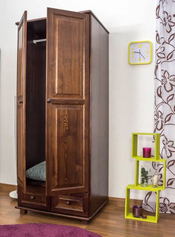 Schmaler Kleiderschrank | 2 Drehtüren | 2 Schubladen | 1 Fach | mit Kleiderstange | 80 cm breit | Massivholz | Farbe: Nuss Abbildung