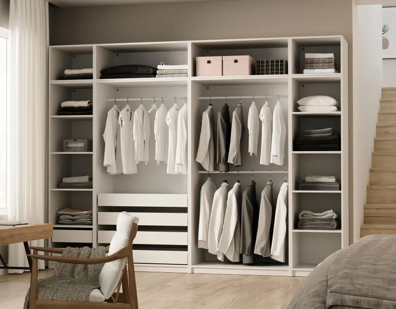 Schrankset für Ankleidezimmer - Set F Aarwangen | Farbe: Platinweiß | Maße: 309 x 55 x 234 cm | offener Kleiderschrank | 6 Schubladen | für Schlafzimmer