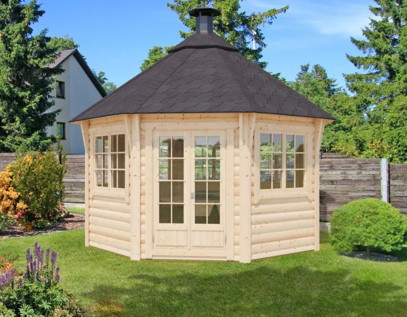 Grillhaus Eisenhut 08 - Abmessungen: 370 x 399 x 340 (B x T x H), Grundfläche: 12 m², Zeltdach