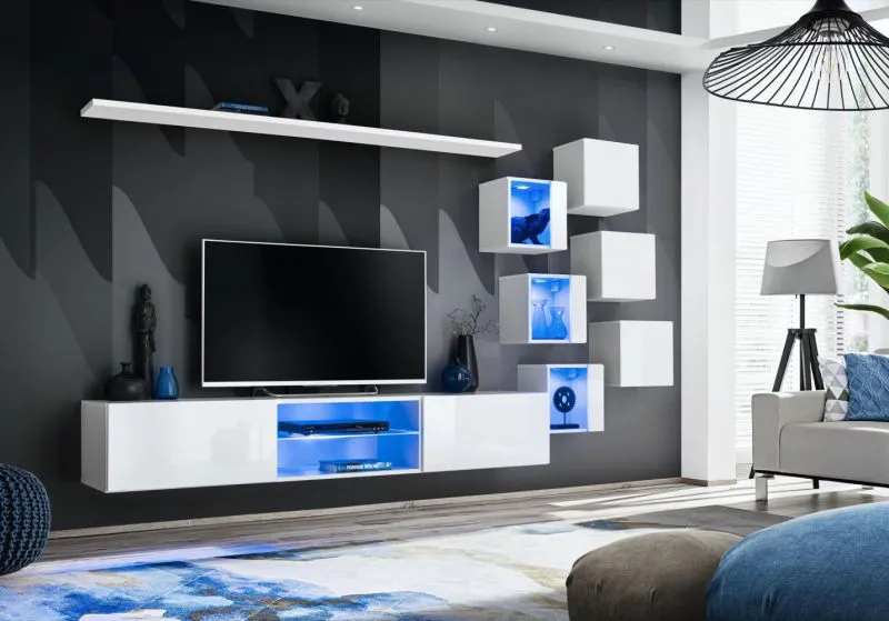 Schlichte Wohnwand Volleberg 01, Farbe: Weiß - Abmessungen: 140 x 260 x 40 cm (H x B x T), mit blauer LED-Beleuchtung