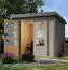 Holz Gartenhaus Fichte, wassergrau, stahlverstärkte Ecken, stabiles Pultdach aus Trapezblech, graualuminium, wartungsarm, Zylinderschloss, 2,09x2,13 m