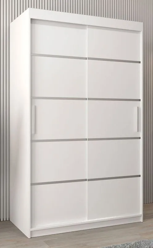 120 cm breiter Schiebetürenschrank mit 2 Türen | 5 Fächer | 2 Kleiderstangen | Farbe: Weiß Abbildung