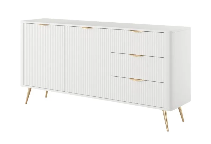 Kommode | langes Sideboard | Weiß | 3 Schubladen | 4 Fächer | Maße: 81 x 163 x 38 cm | Griffe & Beine: Metall | 2 Türen | Lamellen Design