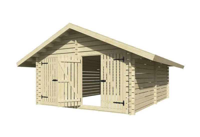 Holzschuppen / Gerätehaus 40 mm Blockbohlenhaus, aus Kiefernholz, gehobelt, 2 Doppeltüren, Grundfläche: 26,72 m², Satteldach, ideale Aufbewahrung für Brennholz