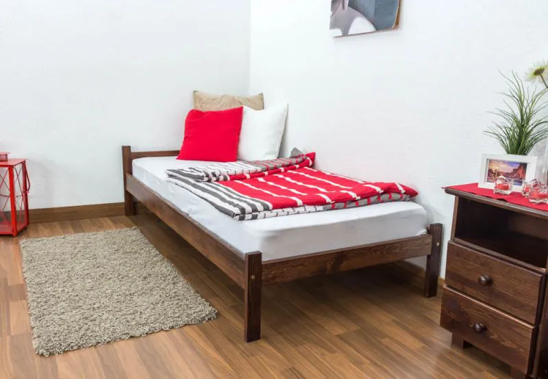 Futonbett / Massivholzbett Kiefer Vollholz massiv Nussfarben A14, inkl. Lattenrost - Abmessung 90 x 200 cm