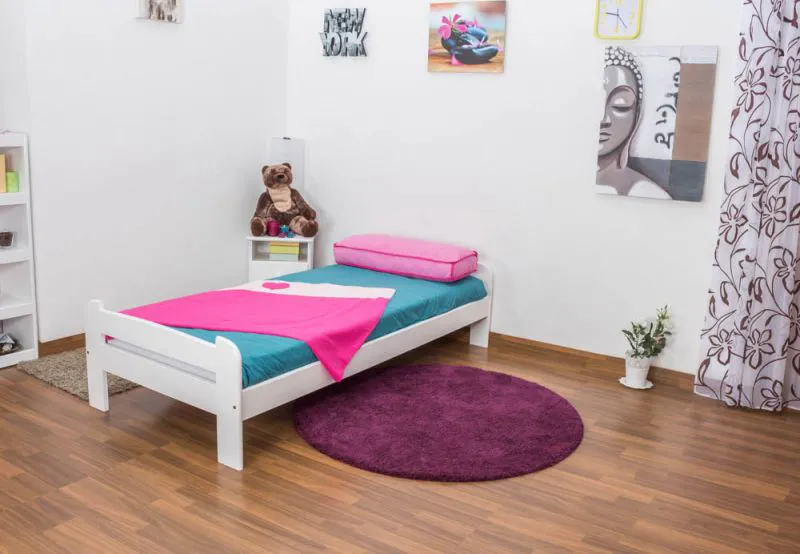 Kinderbett 90 x 200 cm | Massivholz: Kiefer | Weiß Lackiert | inkl. Rollrost Abbildung