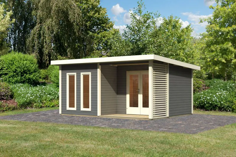 Gartenhaus mit Doppeltür & Dachüberstand von 2, 76 Meter, Steck-/Schraubsystem, 38 mm Wandstärke, Fichte Terragrau, 19m², großzügiger Tageslichteinfall