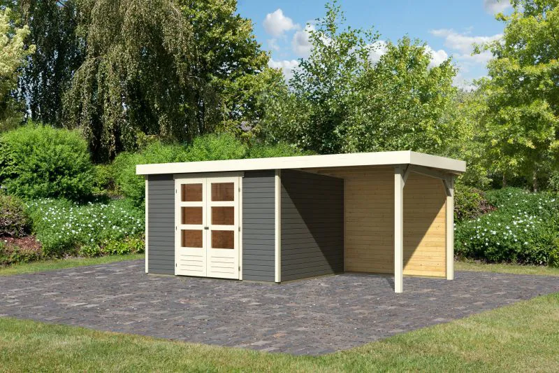 Gartenhaus SET terragrau mit Anbaudach 2,4 m Breite, Rückwand, Grundfläche: 7,21m²