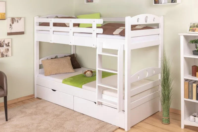 Stockbett für Erwachsene "Easy Premium Line" K19/n inkl. 2 Schubladen und 2 Abdeckblenden, Kopf- und Fußteil mit Löchern, Buche Vollholz massiv Weiß - 90 x 200 cm (B x L), teilbar