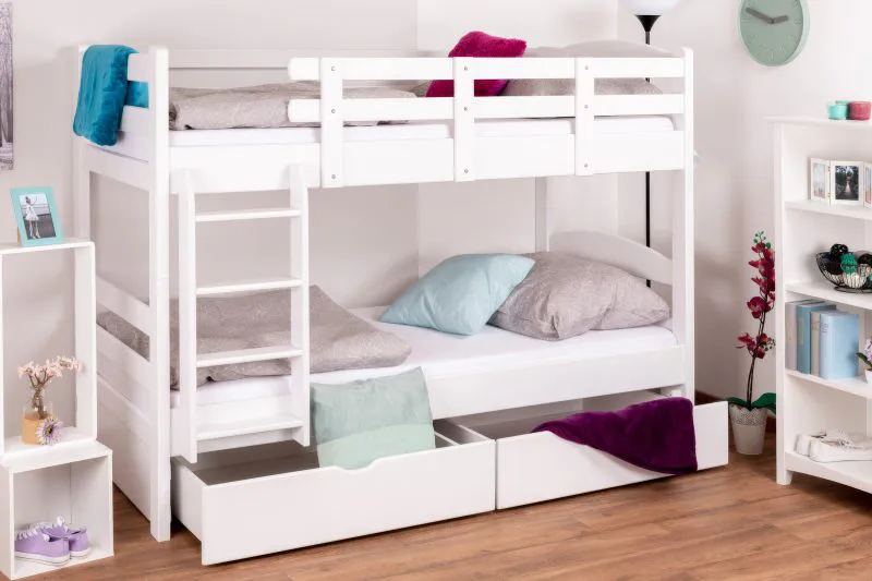 Stockbett für Erwachsene "Easy Premium Line" K17/n inkl. 2 Schubladen und 2 Abdeckblenden, 90 x 200 cm (B x L) Buche Vollholz massiv weiß lackiert, teilbar