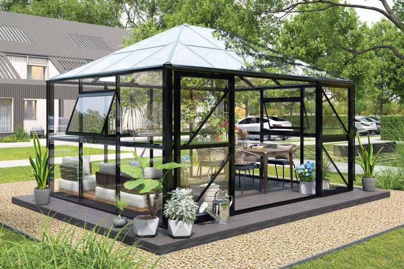 Gewächshaus Basilikum 02, Ausführung: Echtglas 4 mm, 415 x 415 x 309 cm, Profilfarbe Schwarz, 2 große seitliche Kippfenster