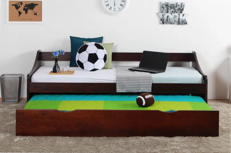 Jugendbett / Funktionsbett Kiefer massiv Vollholz Walnussfarben 93, inkl. Lattenrost - 90 x 200 cm (B x L)