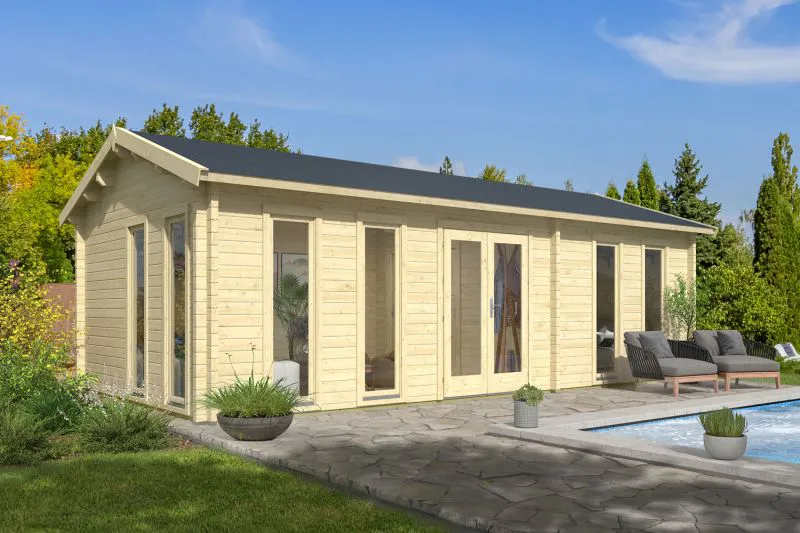 Gartenhaus mit viel Stauraum, 70 mm Blockbohlenhaus, aus nordischen Fichtenholz, Fenster und Tür aus Isolierglas, Satteldach, Außenmaße: 400 x 800 cm, Grundfläche: 32 m²