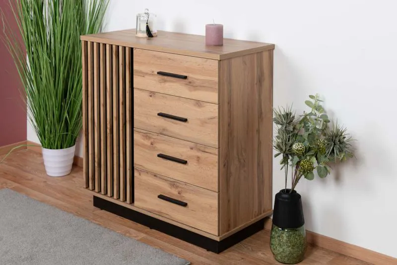 Kommode Trevalli 5, Farbe: Eiche / Schwarz - Abmessungen: 88 x 90 x 40 cm (H x B x T)