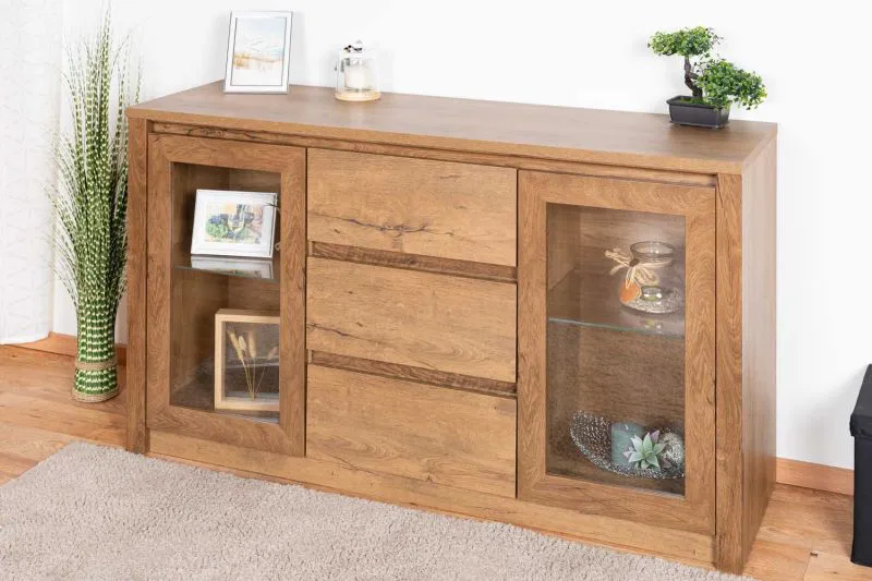 Vitrine Selun 01, Farbe: Eiche Dunkelbraun - 80 x 140 x 43 cm (H x B x T)