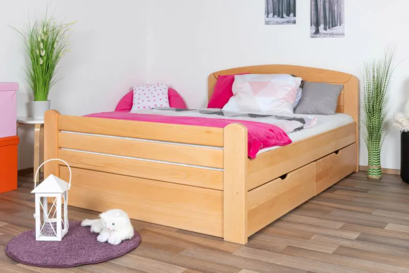 Jugendbett "Easy Premium Line" K7 inkl. 2 Schubladen und 1 Abdeckblende, 140 x 200 cm Buche Vollholz massiv Natur