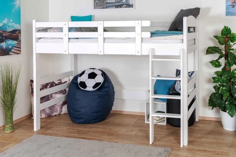 Hochbett für Jugendliche 90 x 190 cm | Massivholz: Buche | Weiß Lackiert | umbaubar in Einzelbett | Premium-Qualität | inkl. Rollrost Abbildung