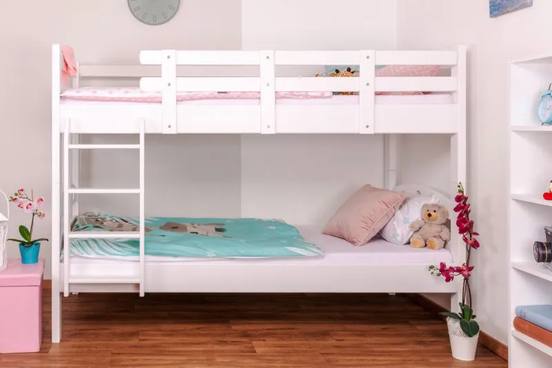 Stockbett 90 x 200 cm | Massivholz: Buche | Weiß Lackiert | umbaubar in zwei Einzelbetten | Premium-Qualität | inkl. Rollroste Abbildung