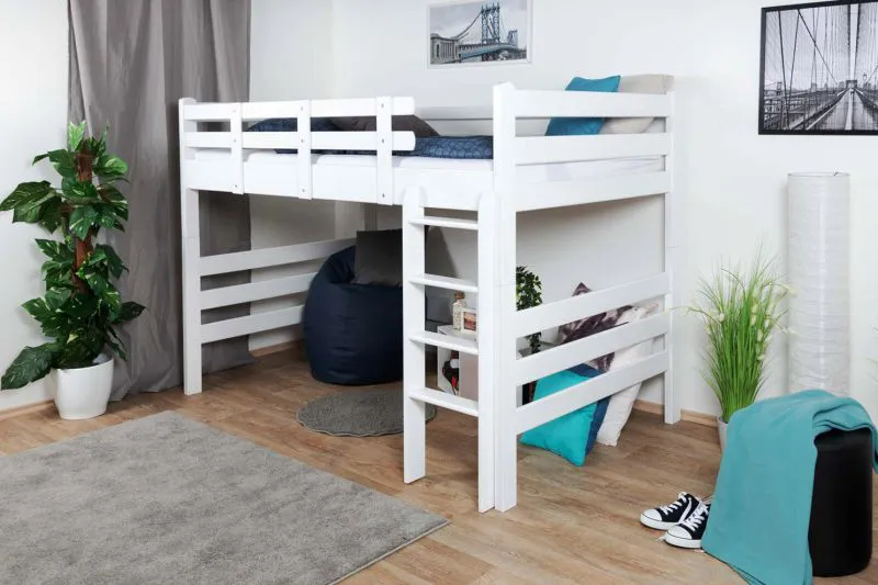 Hochbett für Jugendliche 120 x 190 cm | Massivholz: Buche | Weiß Lackiert | umbaubar in Einzelbett | Premium-Qualität | inkl. Rollrost Abbildung