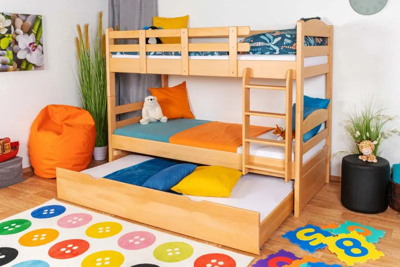 Kinderetagenbett 90 x 200 cm + Bettkasten/Stauraum/Ausziehbett | Massivholz: Buche | Natur Lackiert | umbaubar/teilbar in 2 Einzelbetten | inkl. Rollroste Abbildung