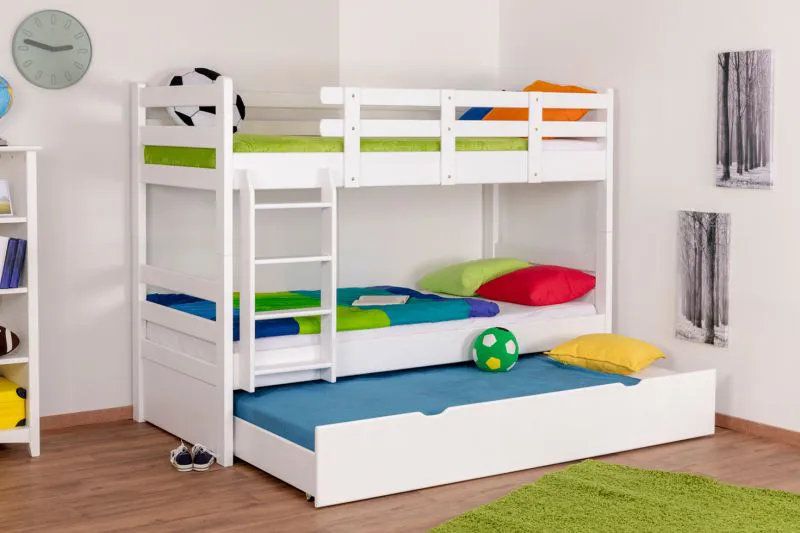 90 x 200 cm Kinderetagenbett inkl. Unterkasten / Bettkasten als 3. Liegefläche | Massivholz: Buche | Weiß Lackiert | umbaubar in 2 Einzelbetten | Bettkasten als Stauraum oder Liegefläche | inkl. Rollroste Abbildung