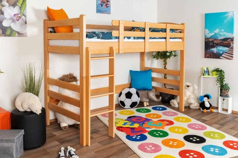 Kinderhochbett 90 x 190 cm (umbaubar) | Massivholz: Buche | Natur Lackiert | umbaubar in Einzelbett | Premium-Qualität | inkl. Rollrost Abbildung