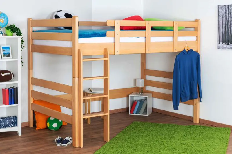Jugendhochbett 120 x 200 cm | Massivholz: Buche | Natur Lackiert | umbaubar in Einzelbett | Premium-Qualität | inkl. Rollrost Abbildung
