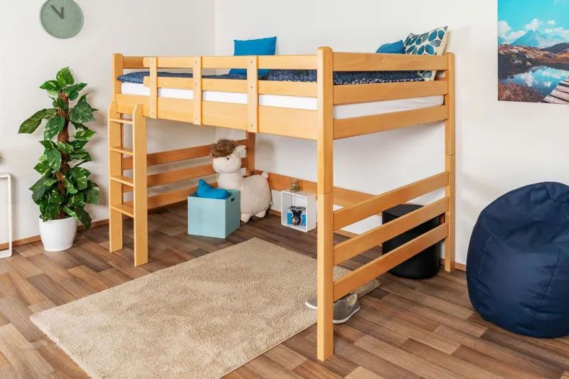 Kinderhochbett 140 x 200 cm | Massivholz: Buche | Natur Lackiert | umbaubar in Einzelbett | Premium-Qualität | inkl. Rollrost Abbildung