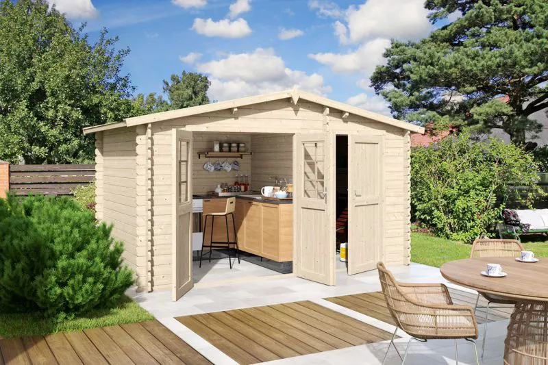 Holz-Gartenhaus 2,3 x 3,98 Meter (inkl. Dach) | Naturbelassen | Satteldach | 28 mm Blockbohlen-Haus Abbildung