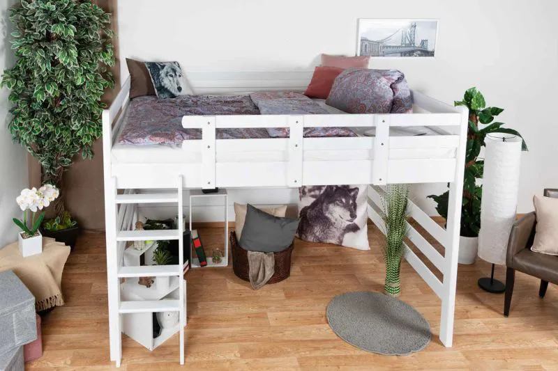 Kinderhochbett 160 x 200 cm | Massivholz: Buche | Weiß Lackiert | umbaubar in Einzelbett | Premium-Qualität | inkl. Rollrost Abbildung