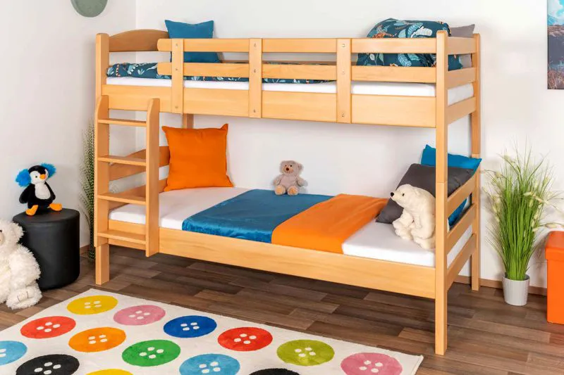 Stockbett für Jugendliche 90 x 200 cm | Massivholz: Buche | Natur Lackiert | umbaubar in 2 Einzelbetten | inkl. Rollroste Abbildung