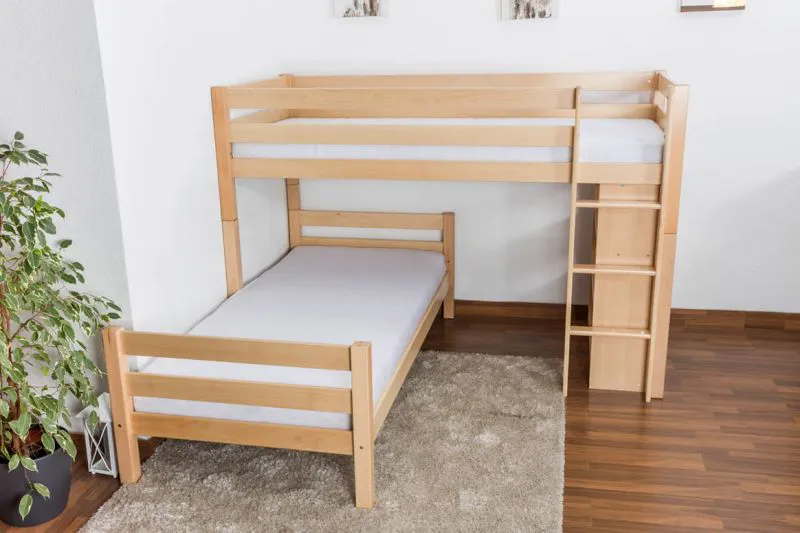 Etagenbett L-Form 90 x 200 cm | Buche massiv | natur lackiert | mit Regal | inkl. Rollrost | umbaubar in Einzelbetten Abbildung