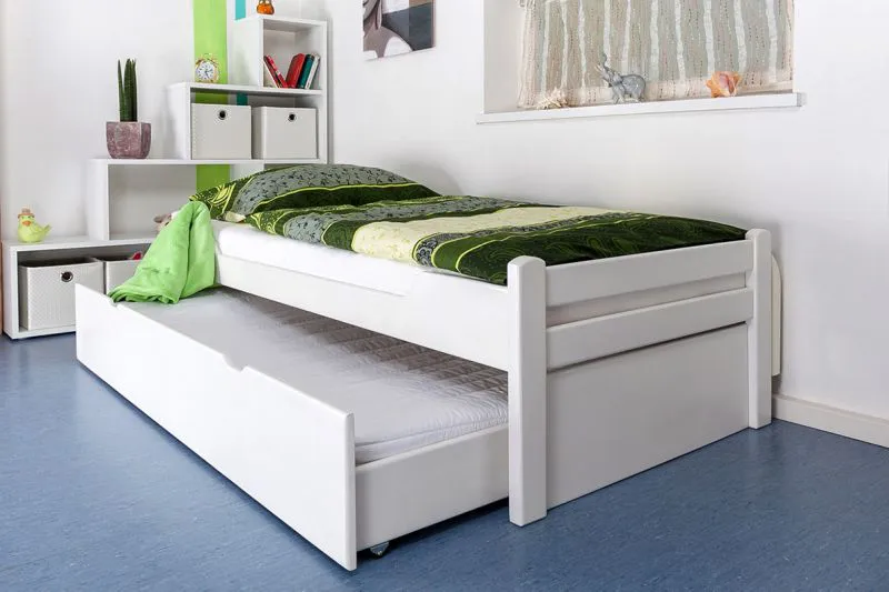 Kinderbett 90 x 200 cm mit Bettkasten 90 x 190 cm als Gästebett | Massivholz: Buche | Weiß Lackiert | inkl. 2. Liegeplatz ausziehbar und 2 Rollrost Abbildung