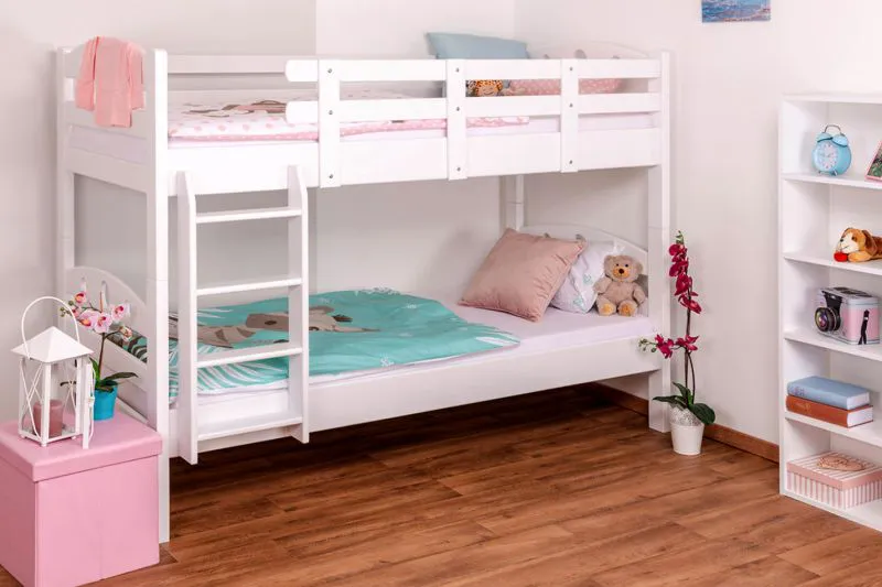 Etagenbett für Jugendzimmer 90 x 200 cm | Massivholz: Buche | Weiß Lackiert | umbaubar in 2 Einzelbetten | inkl. Rollroste Abbildung
