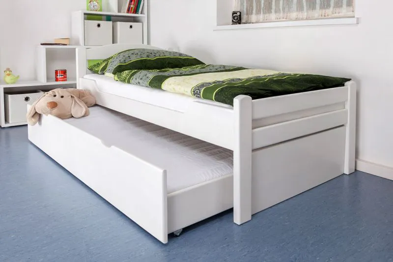 Kinderbett 90 x 200 cm mit Bettkasten als Gästebett oder Stauraum | Massivholz: Buche | Weiß Lackiert | inkl. 2. Liegeplatz 90 x 190 cm ausziehbar und 2 Rollrost Abbildung