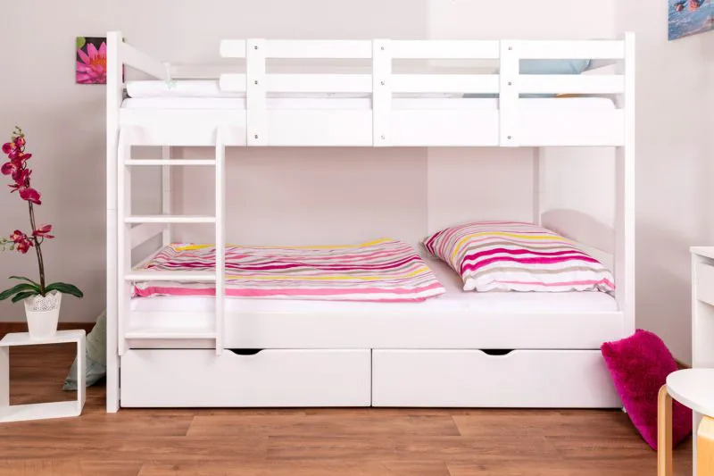 Etagenbett mit Stauraum / 2 Schubladen für Kinder 90 x 200 cm | Massivholz: Buche | Weiß Lackiert | umbaubar in 2 Einzelbetten | Premium-Qualität | inkl. Rollroste Abbildung