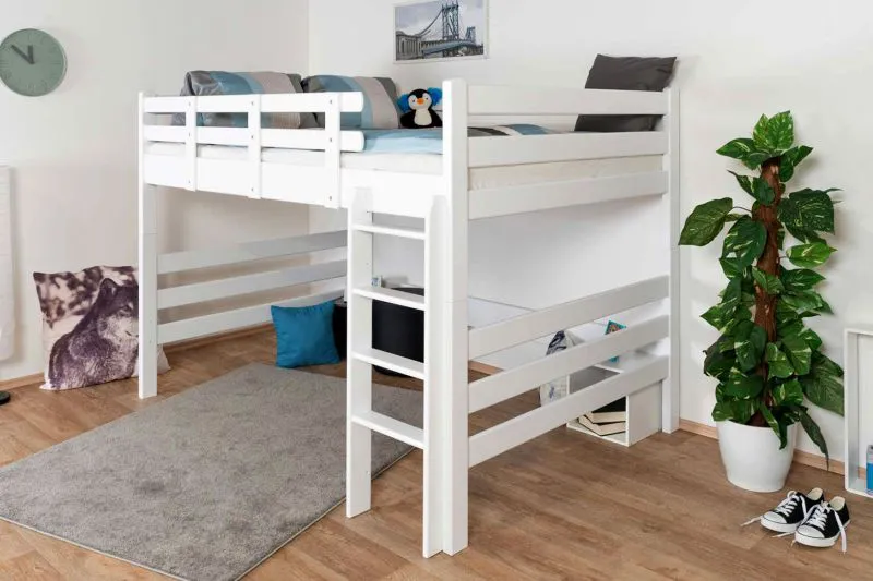 Jugendhochbett 140 x 190 cm | Massivholz: Buche | Weiß Lackiert | umbaubar in Einzelbett | Premium-Qualität | inkl. Rollrost Abbildung