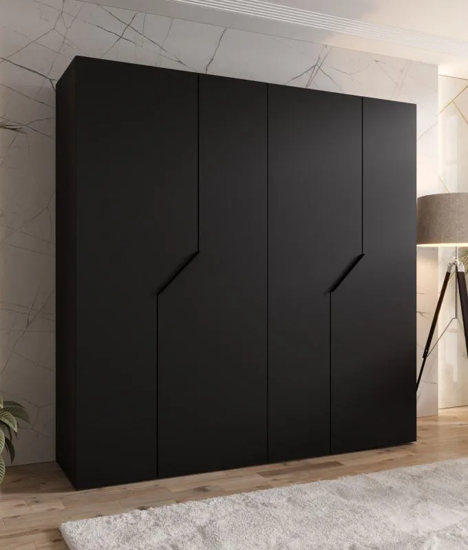 Kleiderschrank | 4-Türig | Farbe: Schwarz | 2 Fächer | 2 Kleiderstangen | Griffe: Schwarz | Soft-Close-Funktion | Maße: 200 x 52 x 202 cm | ABS-Kanten