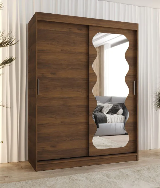 Kleiderschrank mit fünf Fächer | Farbe: Walnuss | Aluminiumschienen | 1,5 Meter breit | eine Tür mit Spiegel | zwei Kleiderstangen | Schiebetürenschrank