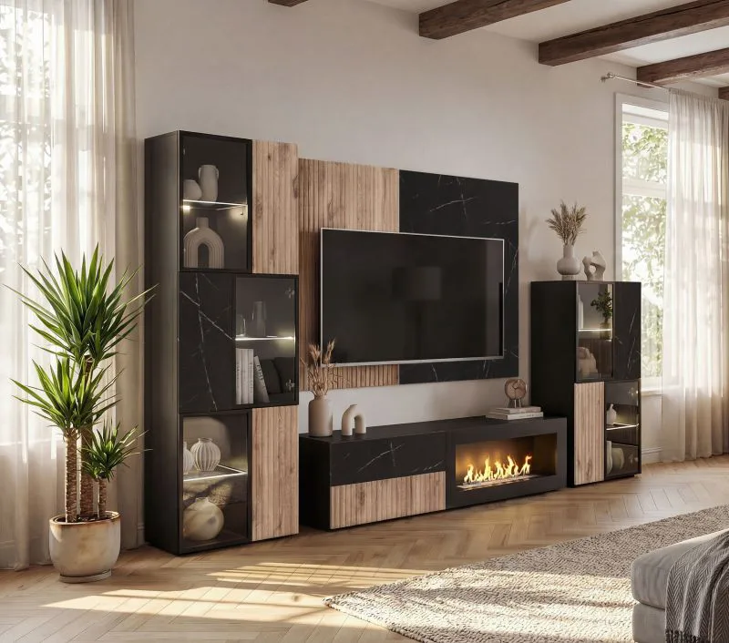 Wohnwand | Farbe: Eiche Vicking / Schwarzer Marmor | Bio-Ethanol Kamin | inkl. LED-Beleuchtung | 280 x 45 x 182 cm | 2 Vitrinen | 1 TV-Unterschrank | 1 Wandpaneel