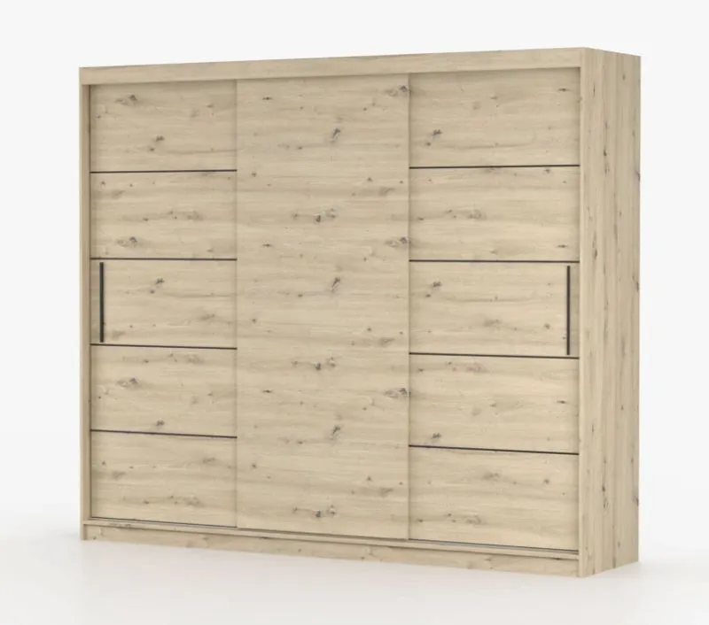 Kleiderschrank / Schiebetürenschrank Artisan | Cevennen 18 | 218 x 250 x 61 cm | 3 Türen | 12 Fächer | viel Stauraum | Holzoptik | Einfarbig