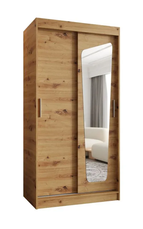 Schiebetürenschrank Aletschhorn 01, eine Spiegeltür, Farbe: Eiche Artisan, 1 Meter breit, fünf Fächer, zwei Kleiderstangen, Kleiderschrank, Aluminiumschienen