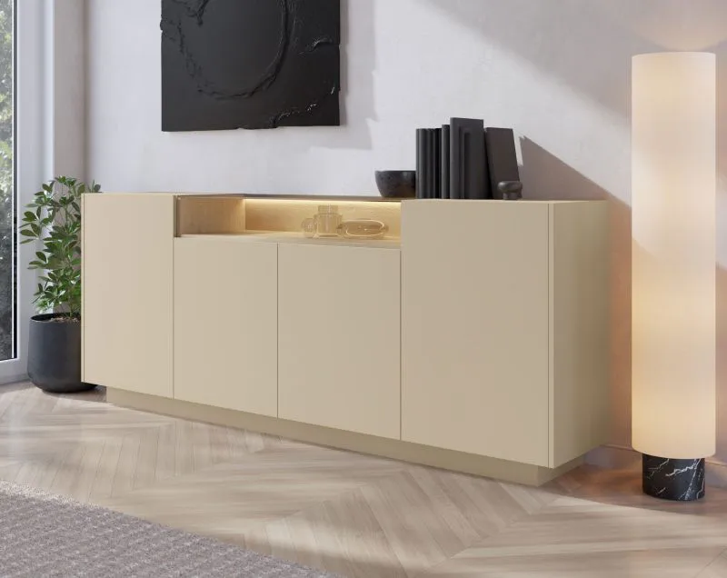 Kommode | Farbe: Kakao / Eiche Cremona | 4 Drehtüren | inkl. LED-Beleuchtung | 9 Fächer | 203 x 40 x 83 cm | Push-to-open Funktion | Sideboard | ABS-Kanten
