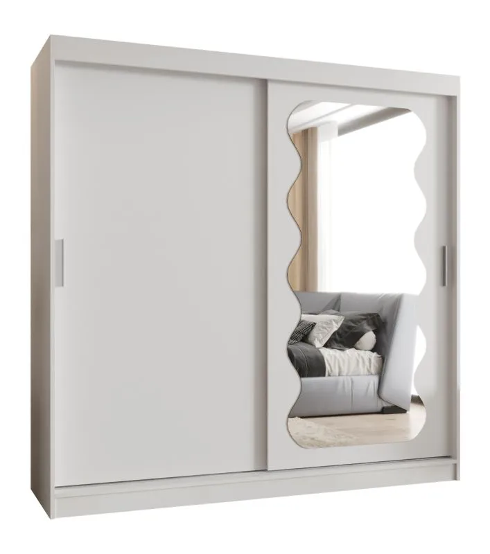 Kleiderschrank mit 10 Fächer Bernina 18, Farbe: Weiß, Aluminiumschienen, 2 Meter breit, eine Tür mit Spiegel, zwei Kleiderstangen, Schiebetürenschrank