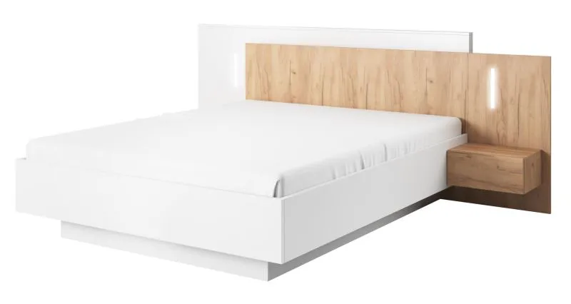Doppelbett mit Nachtkommoden Gremda 06, Farbe: Eiche / Weiß - Liegefläche: 160 x 200 cm (B x L) Set inkl. hochklappbarem Rost