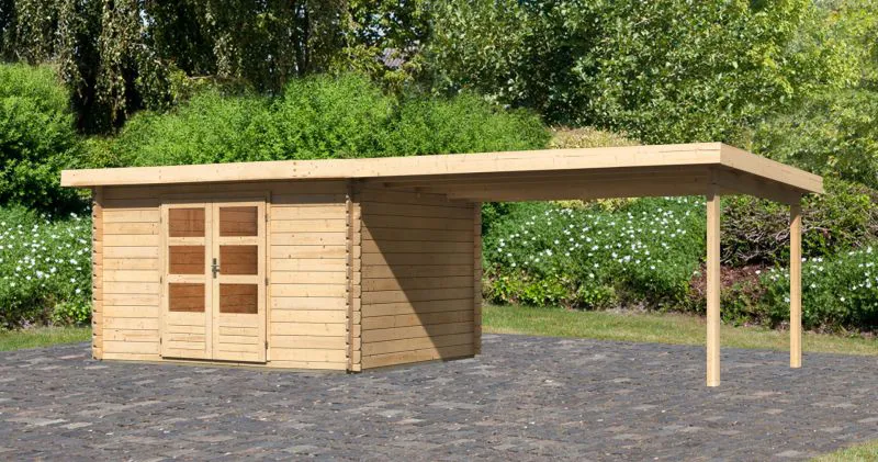 Gartenhaus SET mit Pultdach inkl. Anbaudach, Farbe: Naturbelassen, Grundfläche: 9,52 m²