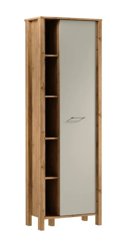 Schrank Braianik 10 in 200 x 66 x 37 cm, mit 5 offenen Fächer, 1 Tür, 5 Fächer, 8 Einlegeböden, Wohnzimmer, Eiche Wotan / Beige, Griff aus Metall