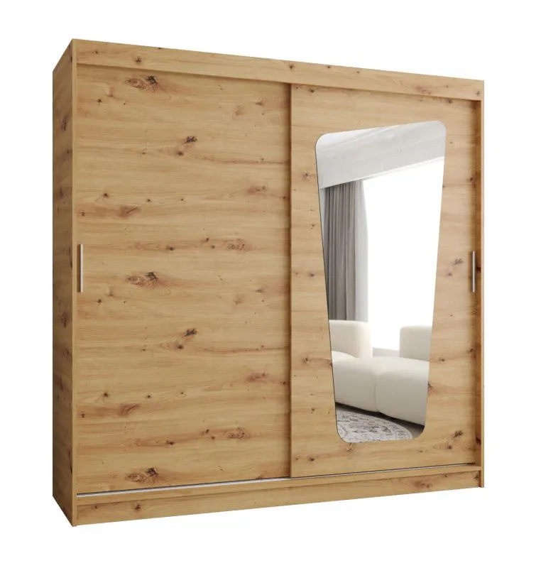 Schiebetürenschrank Aletschhorn 17, eine Spiegeltür, Farbe: Eiche Artisan, 2 Meter breit, 10 Fächer, zwei Kleiderstangen, Kleiderschrank, Aluminiumschienen