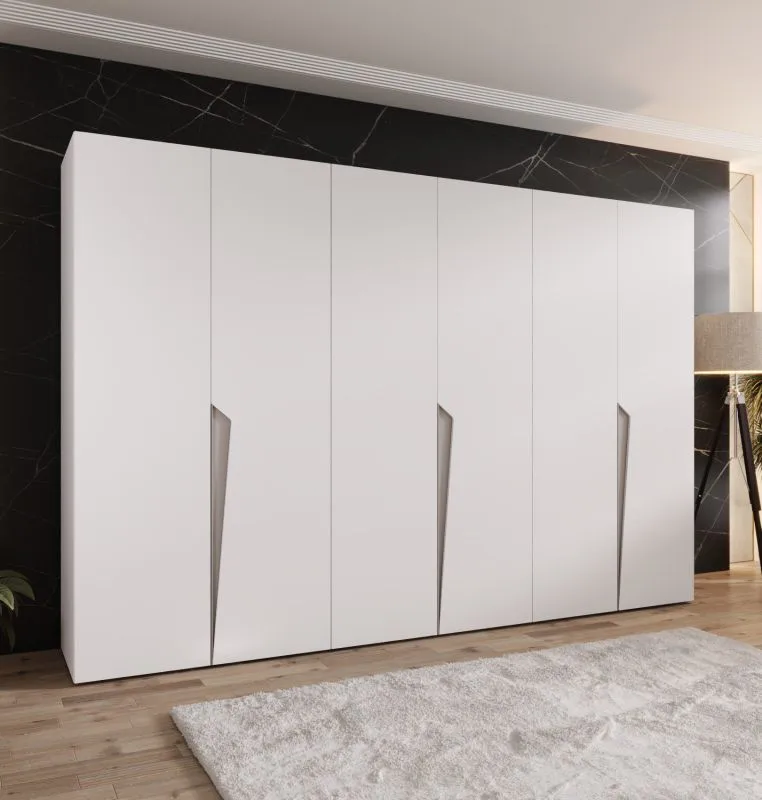 Drehtürenschrank | Farbe: Weiß | ABS-Kanten | 3 Meter breit | 3 Kleiderstangen | Soft-Close-Funktion | Griffe: Kaschmir | 3 Fächer | Maße: 300 x 52 x 202 cm