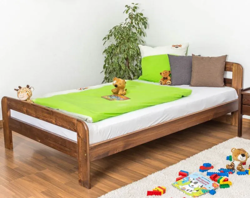 Bettrahmen für Kinder / Kinderbett 120 x 200 cm | Massivholz: Kiefer | Nuss Lackiert | inkl. Rollrost Abbildung